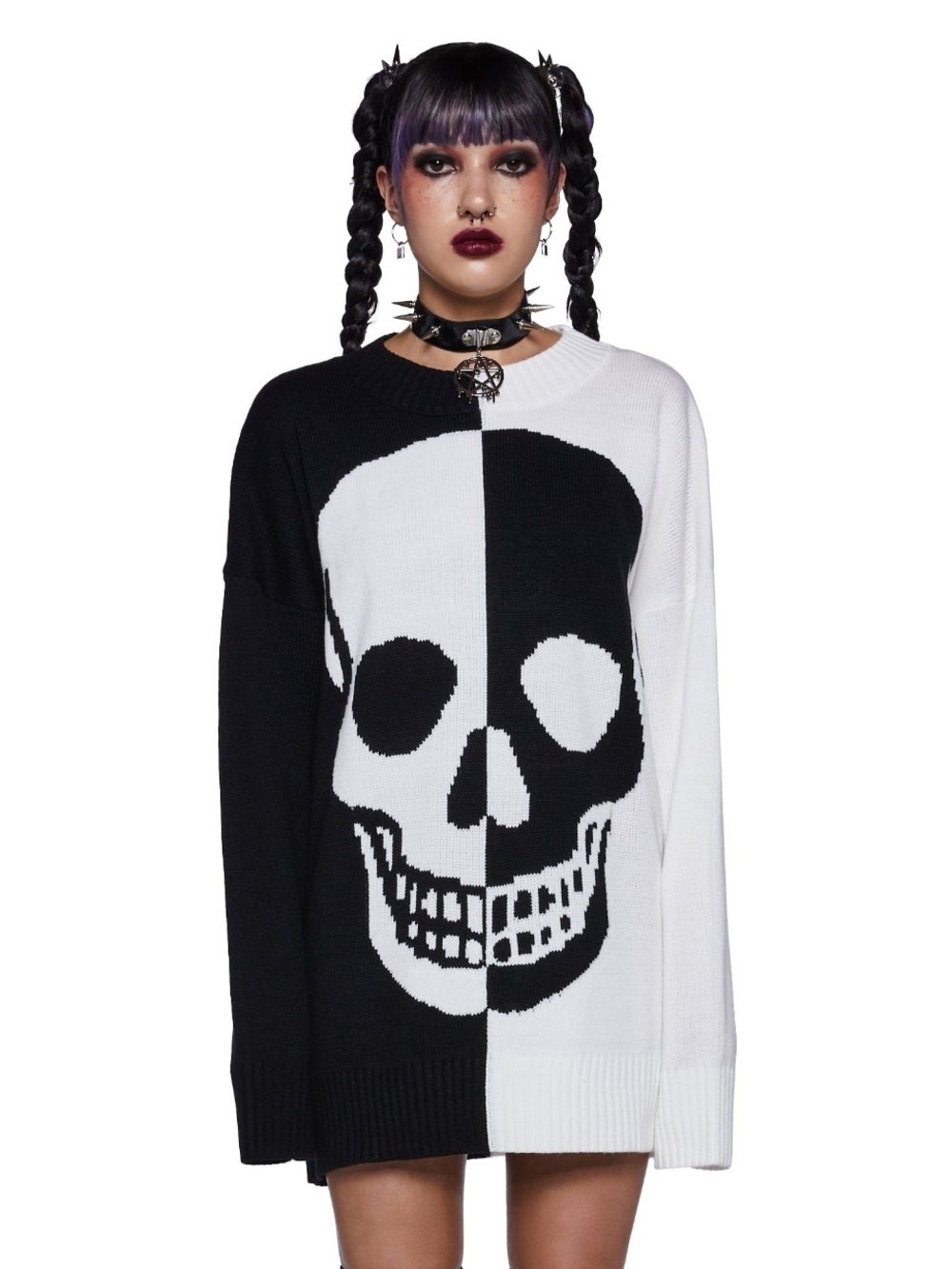 Dolls Kill Black & White Skull Colorblock Crewneck Sweater